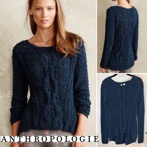 Anthropologie Moth Blue Chunky Cable Knit Sweater Women's XS Boho High-Low Hem